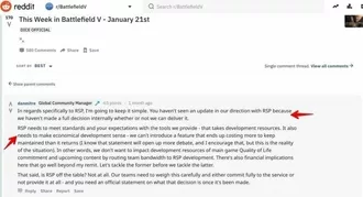 Screenshot reddit auf dem Dan Mitre sagt das zu RSP Server für BF5 bei EA noch keine Entscheidung getroffen wurde