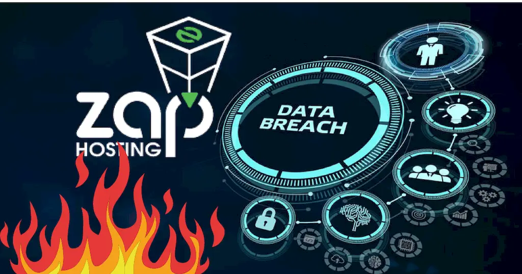 ZAP Hosting Leak Icons mit ZAP Logo unter Feuer und Databreach Icons in Blau