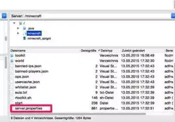 minecraft-server-properties mit FTP Client öffnen