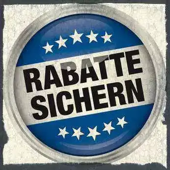 Rundes Logo mit Aufschrift Rabatte sichern auf Papierhintergrund
